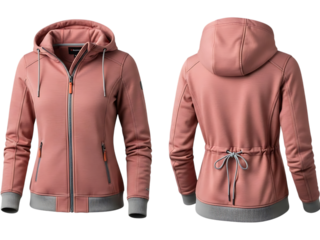 Front and back view of a stylish dusty rose pink womens hooded zipup jacket with drawstring waist and patterned cuff detail isolated on transparent background