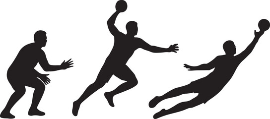 Silhouette of three handball players in action with a ball on a white background
