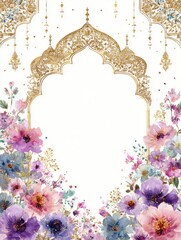 Ornate Gold Arch with Vibrant Floral Border on White Background for Elegant Design and Decoration