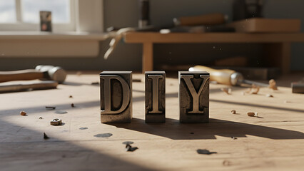 Metal letterpress blocks spelling diy on a wooden surface symbolizing creativity and self-expression 70533762 1