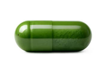 Organic green capsule with powdered contents, isolated cleanly on a transparent background.