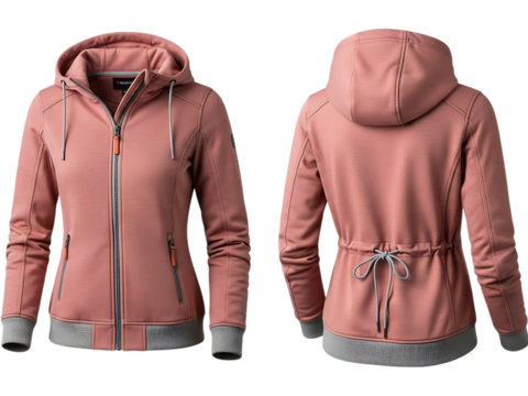Front and back view of a stylish dusty rose pink womens hooded zipup jacket with drawstring waist and patterned cuff detail isolated on transparent background
