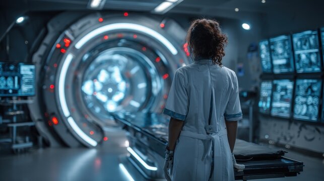 Scientist in Futuristic Laboratory Analyzing Data on Advanced Technology Screens with High-Tech Equipment