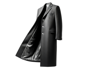 Elegant black mens overcoat with satin lining displayed open against a transparent background, isolated on transparent background