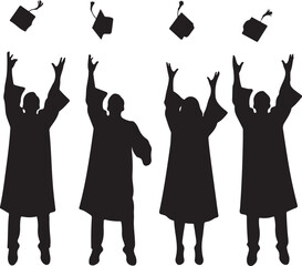 Graduation caps tossed in the air by silhouetted students in robes, celebrating achievement