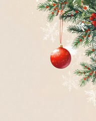 Minimal Christmas still life with red ornament hanging on pine branch, with copy space