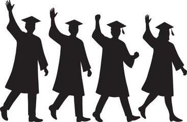 Graduation ceremony silhouettes: four students waving and walking in cap and gown