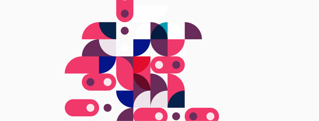 Abstract geometric shapes, pinks, purples, whites dominate composition. Modern design, playful forms create visual interest.