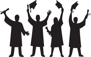 Graduation silhouette celebration with caps and diplomas raised high in the air