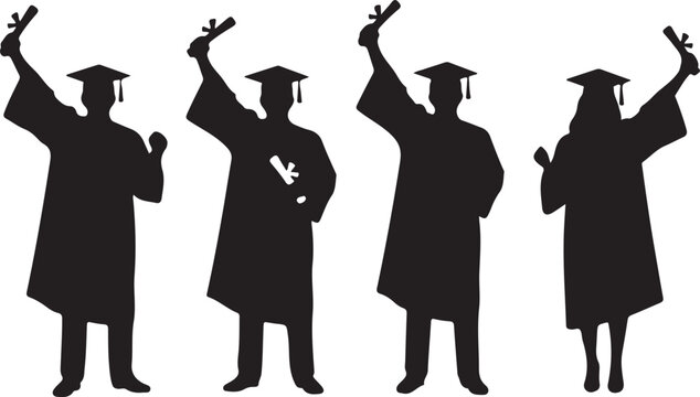 Four graduates in academic regalia celebrating with diplomas raised high. - Powered by Adobe