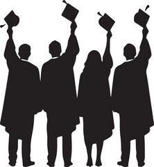 Graduation caps thrown in air by silhouetted students celebrating academic achievement