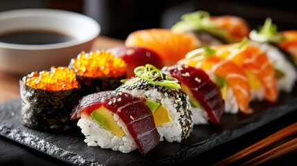 Assorted sushi rolls on a dark slate plate with soy sauce
