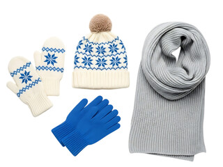 Collection of warm winter knitwear accessories including a pompom beanie, mittens, gloves, and a scarf, isolated on transparent background