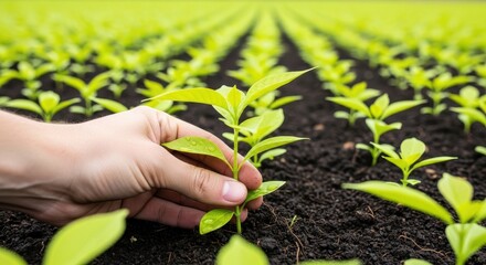 Hand holding a young seedling in a garden environment