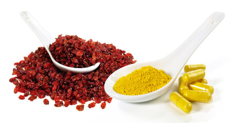 Dried Barberries and Berberin with Caps on white Background Isolated