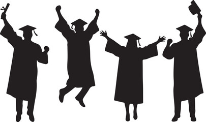 Graduation celebration silhouettes: students rejoice with diplomas and hats tossed high