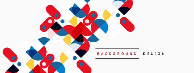Abstract geometric shapes overlap, creating vibrant colorful background. Minimalist design features red, blue, yellow elements.