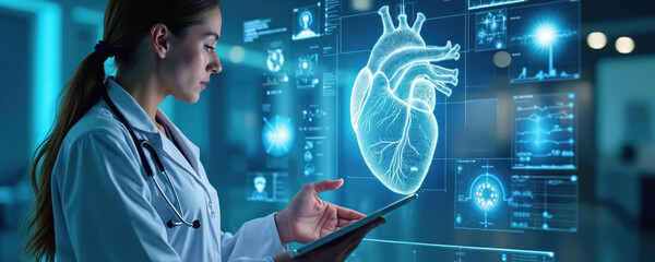 Female doctor studies holographic heart display with tablet. Futuristic medicine analyzes vital signs on digital screen. Healthcare tech innovations for human heart health.