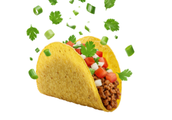 Perfectly crispy hard-shell taco with seasoned ground beef, tomatoes, onions, cilantro, and green onions frozen mid-air. Isolated on white, macro studio shot, high-key, fresh food advertising concept