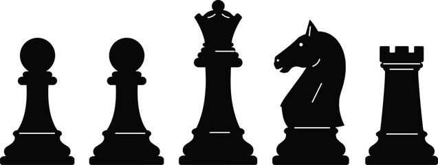 Chess Pieces Silhouette Set Including Pawn, Queen, Knight, and Rook, Black Vector Icons for Strategy, Game, Competition, and Planning Design © LITON WORLD