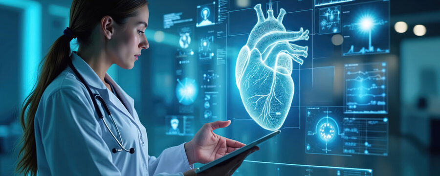 Female doctor studies holographic heart display with tablet. Futuristic medicine analyzes vital signs on digital screen. Healthcare tech innovations for human heart health.