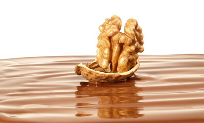 Walnut with Nutshell in Chocolate Sauce on white Background