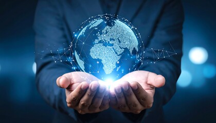 Hands hold glowing digital globe, with network links over the continents, against a dark blue background