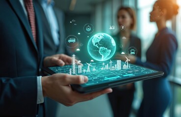 Business team uses digital tablet to analyze eco data. People consider climate change to protect the planet. Concept for green energy sustainable tech and ecology.