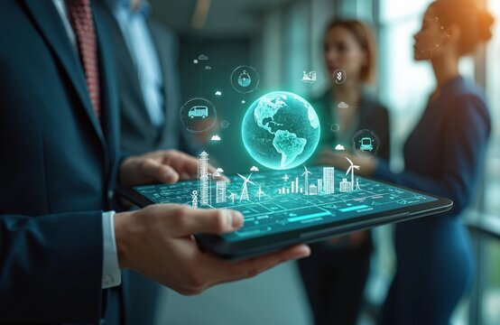 Business team uses digital tablet to analyze eco data. People consider climate change to protect the planet. Concept for green energy sustainable tech and ecology.