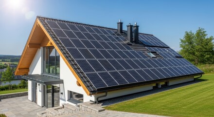 Modern House with Solar Panels on Roof Generating Renewable Energy