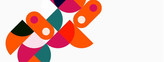 Abstract geometric shapes overlap, creating vibrant colorful composition. Minimalist design with curved forms, pinks, oranges dominate.