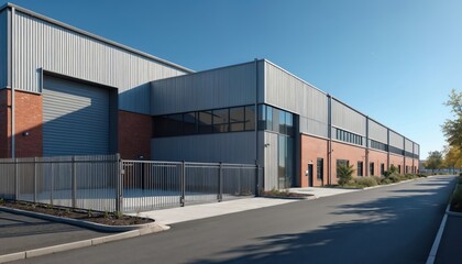Obraz premium Modern industrial building with corrugated metal siding, brick. Large warehouse facility exterior under clear blue sky. Commercial complex roll-up door, windows, security fence, paved road, green