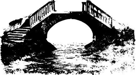 Bridge silhouette above calm water in an antique vector illustration. This vintage set features shadowy outlines and intricate details.
