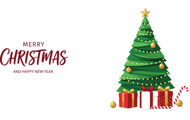 Simple, flat Christmas tree illustration decorated with string lights, presents, and golden star, alongside a modern Merry Christmas and Happy New Year greeting text vector.