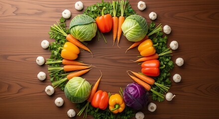 Overhead View of Colorful Fresh Vegetables Arranged in a Circle