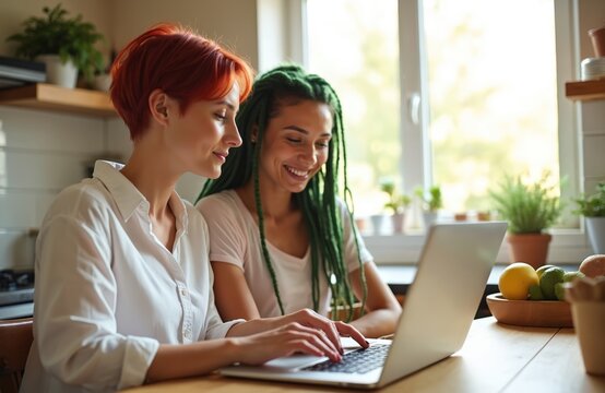 Two happy women using laptop at home. Lesbian couple works together. They smile spend time. Home interior kitchen with fruit. Lgbt community enjoys love.