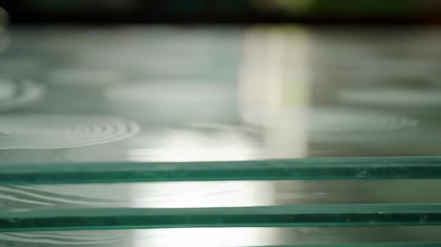 Stack of transparent glass sheets with blurred background.