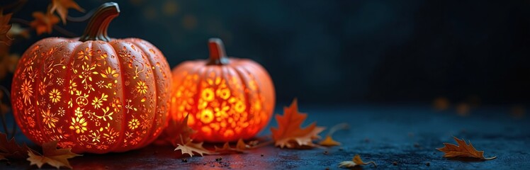 Two ornamental orange pumpkins glow with intricate floral cutouts. Warm light radiates from inside, casting festive aura on dark surface. Scattered autumn leaves create cozy, decorative scene for