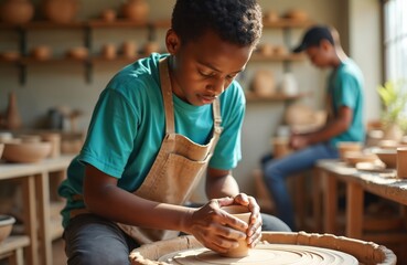 African American boy makes clay pot on pottery wheel. Focuses on shaping wet clay with hands. Another student works on ceramic craft in studio. Kids learn creative art skill, developing talent in