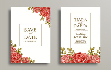 clean wedding invitation card design with red rose flower water color template