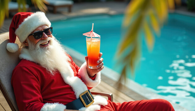 Santa Claus in sunglasses enjoys a drink by the pool. Man wearing Santa suit relaxing on summer vacation. Festive celebration at tropical resort. Christmas in paradise concept.