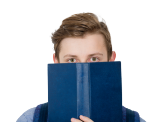 Stressed student guy covering half face with a open book, looking scared with big eyes to camera isolated on transparent background