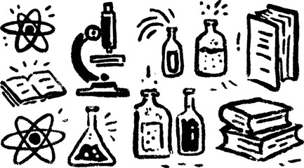 Science equipment set including a microscope, bottles, and books. Hand-drawn vector illustration featuring educational elements.