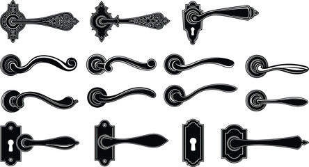 Elegant vintage door handle silhouette collection featuring ornate decorative designs, classic keyhole plates, detailed vector illustrations ideal for home 