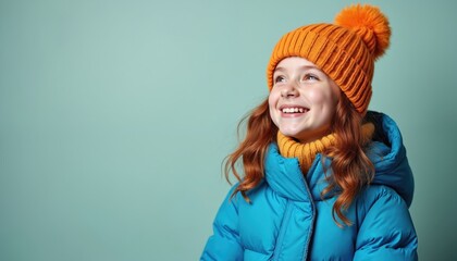 Happy young girl with red hair wears winter clothes. Smiling child in blue jacket and orange hat looks up. Portrait of joyful girl isolated on pastel background.
