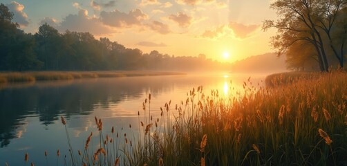 Golden sun sets over misty lake and reed field. Calm water reflects warm light from sky, creating peaceful natural backdrop. Trees line distant shore.