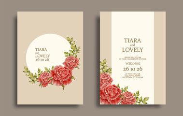 wedding invitation card design with red rose flower water color graphic