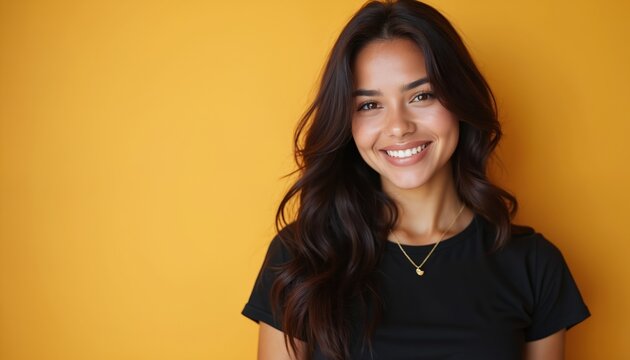 Young hispanic woman with dark wavy hair smiles brightly. She wears a simple black t-shirt and a delicate gold necklace against a vibrant yellow background. - Powered by Adobe