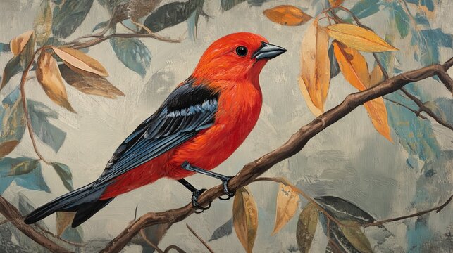 Scarlet tanager perched on tree branch in vibrant forest habitat