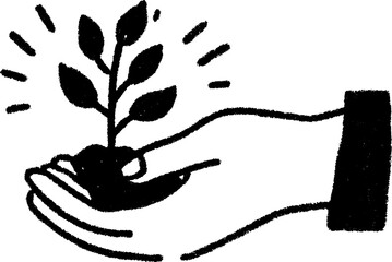 Illustration of a hand holding a seedling, symbolizing growth and care for nature. Simple monochrome vector design conveys the nurturing concept.